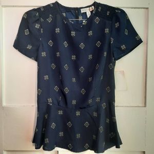 IMPULSE FOR MACYS Navy Short Sleeve Printed Peplum Blouse XS